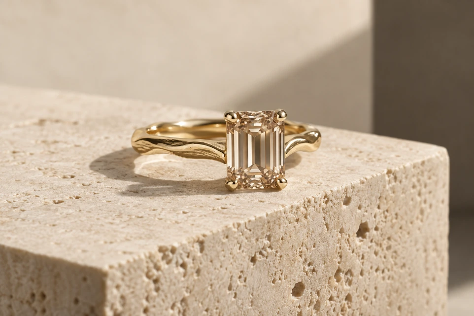 Anillo de compromiso personalizado en oro de 14k con diamante esmeralda